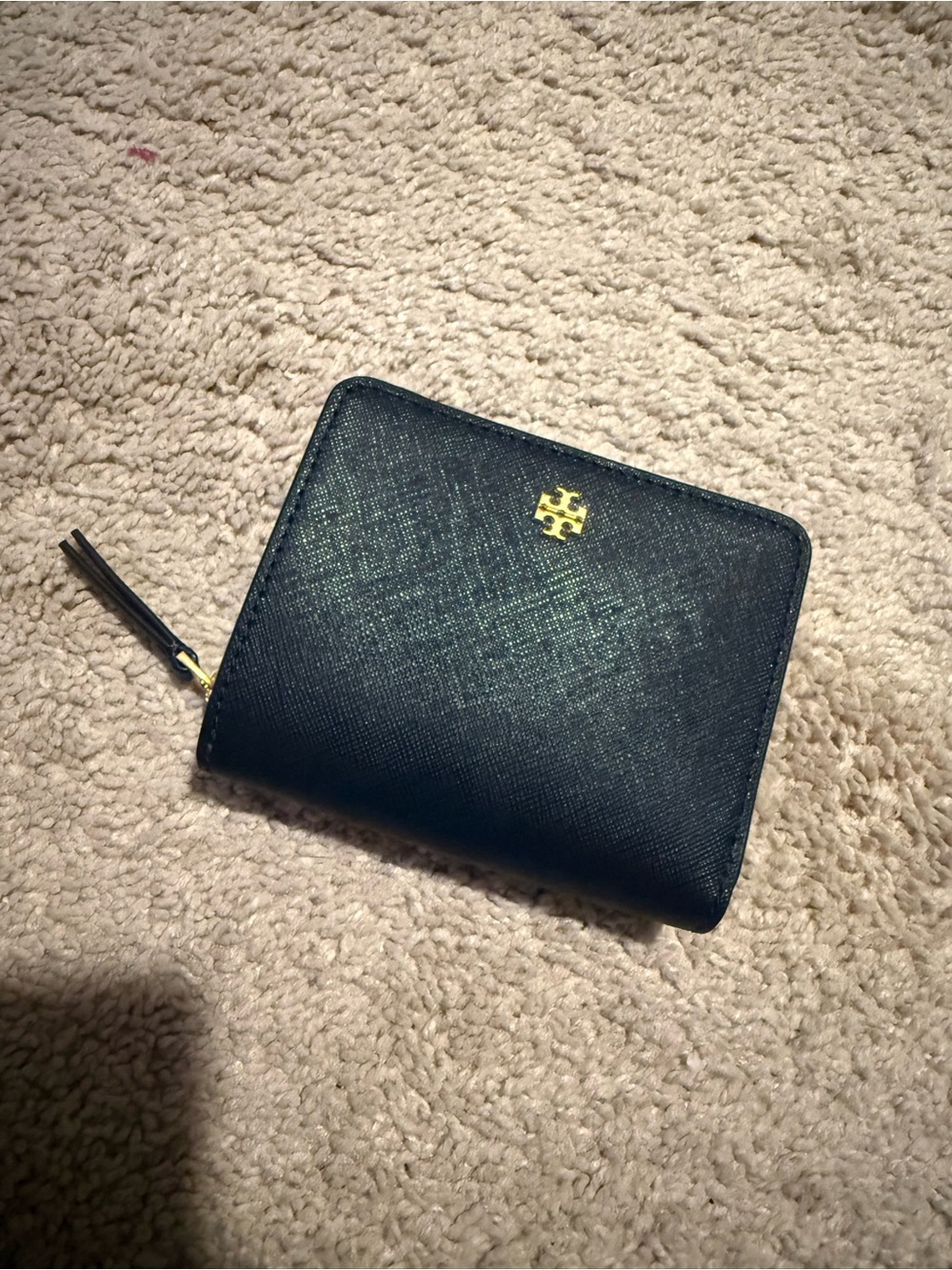 Tory Burch Black Saffiano Zip Card Holder with Gold Logo